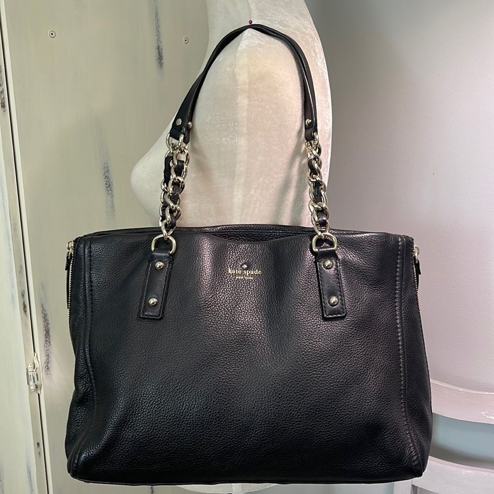 Kate Spade Black Pebbled Leather Laptop Tote Work Bag Zip Expandable